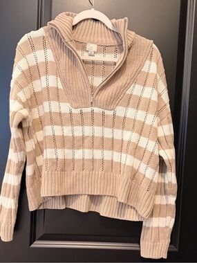 a new day Beige & White Striped Half-Zip Turtleneck Sweater